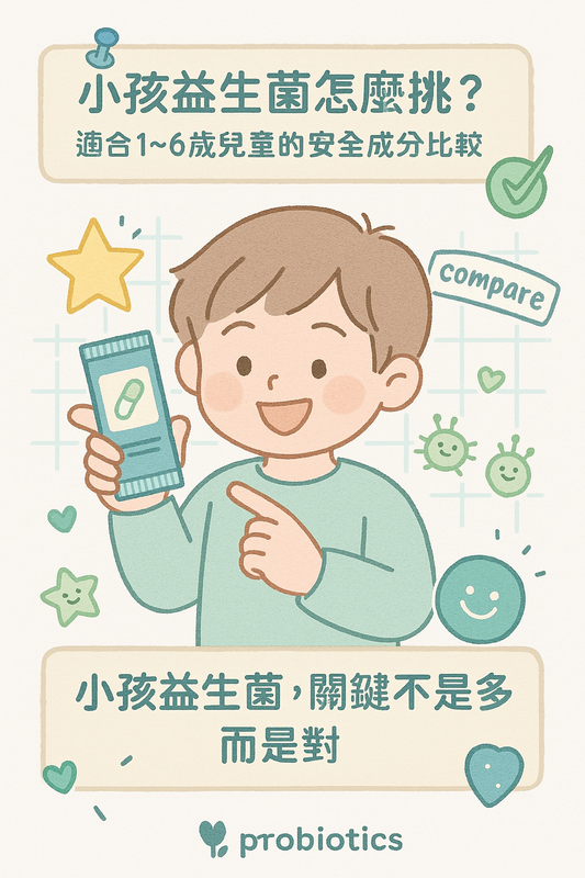 小男孩介紹適合1至6歲兒童的益生菌安全成分比較插畫圖卡
