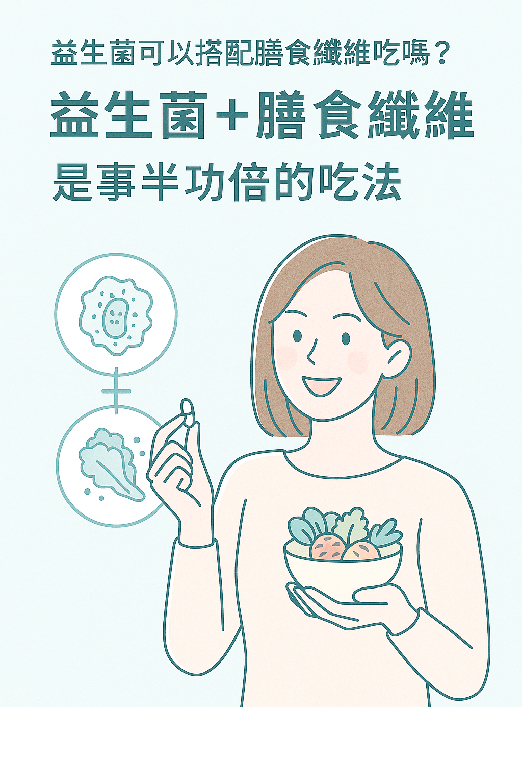 女生說明益生菌搭配膳食纖維能提升效果的健康吃法插畫圖卡