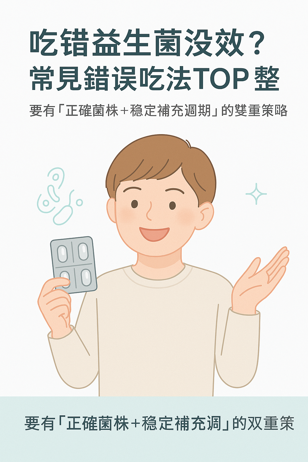 益生菌錯誤吃法整理圖表：時間、飲品、益生元搭配與服用週期一次看懂